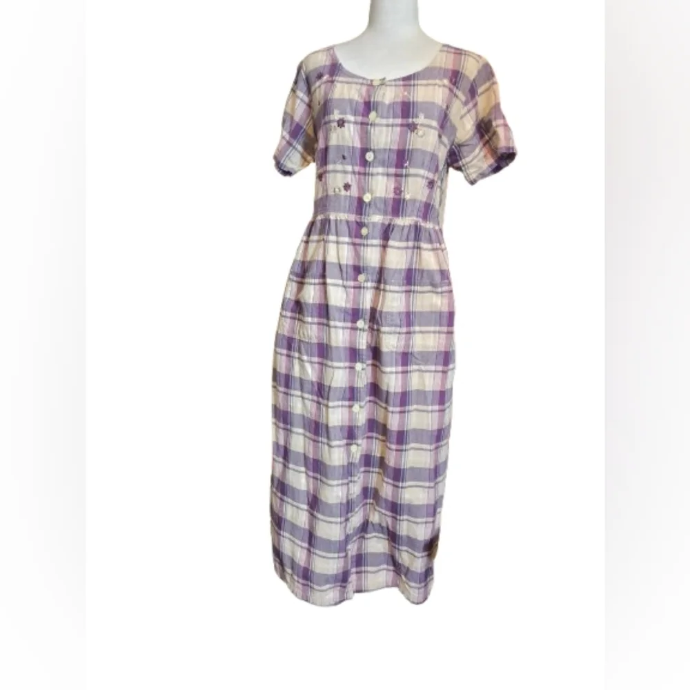 Vintage Y2K Purple Plaid Prairie Dress Cottagecore Button Front Midi Cotton Sz L - Picture 2 of 9